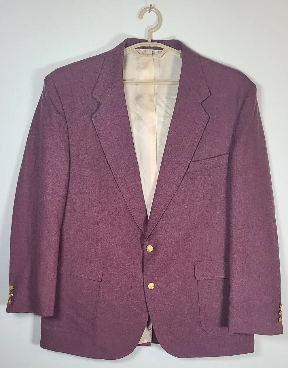 Stafford Blazer Mens 48L Plum 2 Button Hopsack Sport Coat Gold Buttons USA